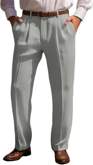 Mens Cotton Linen Trouser Classic Fit Pleat Front Straight Leg Regular Fit Pants Summer Casual Big & Tall Solid Slacks