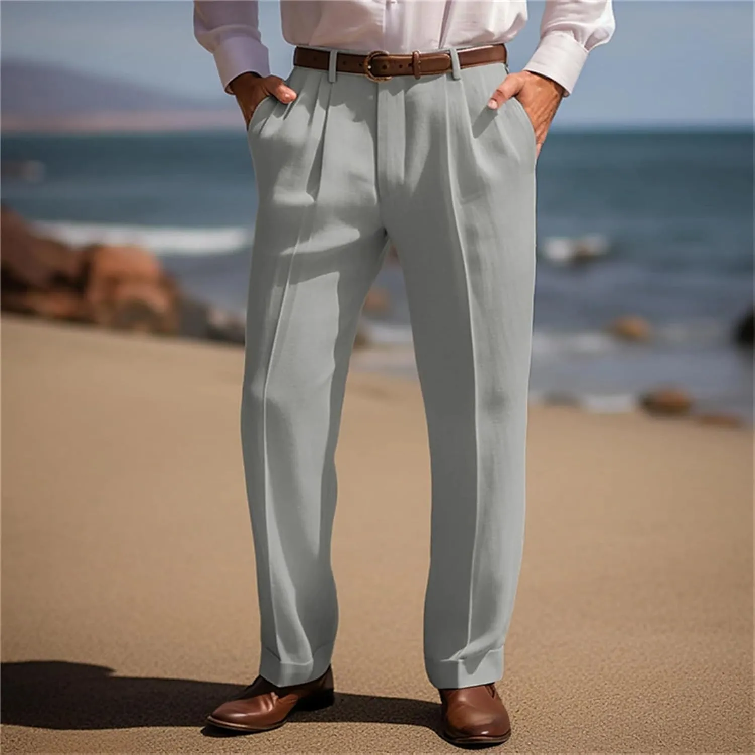 Mens Cotton Linen Trouser Classic Fit Pleat Front Straight Leg Regular Fit Pants Summer Casual Big & Tall Solid Slacks