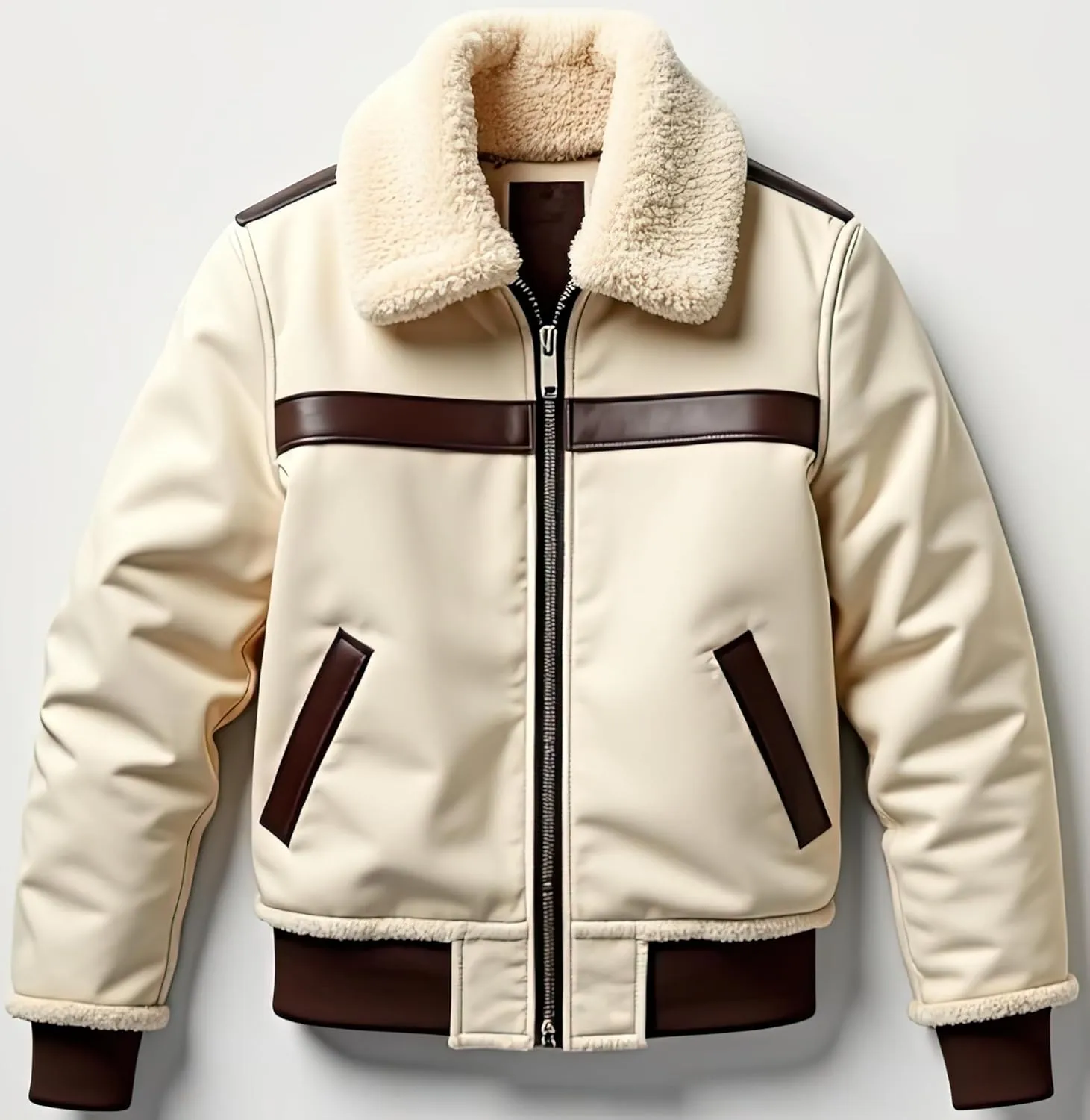 Men’s Cream Sherpa Shearling Sheepskin Leather Biker Jacket – Faux Fur Lined Modern Style Aviator Pilot B3 Bomber Jacket Men
