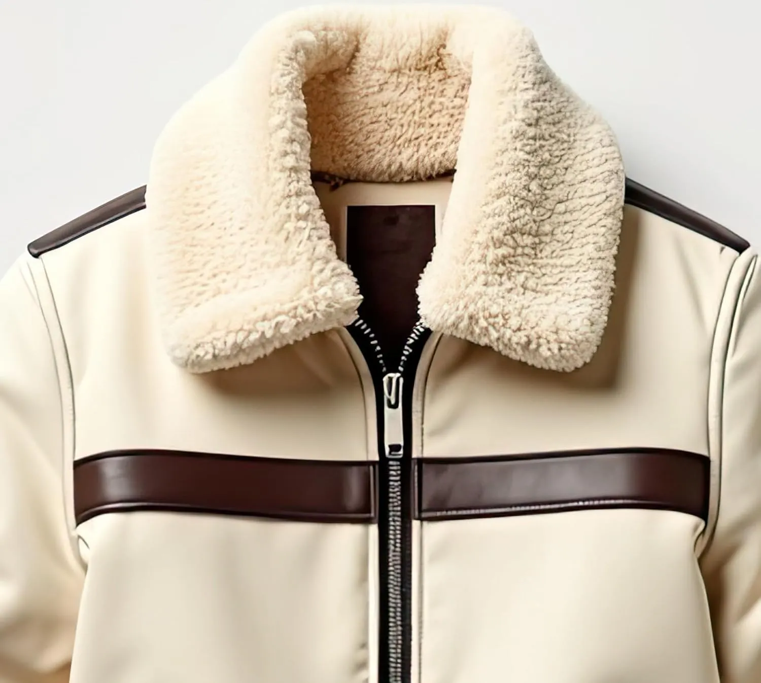 Men’s Cream Sherpa Shearling Sheepskin Leather Biker Jacket – Faux Fur Lined Modern Style Aviator Pilot B3 Bomber Jacket Men