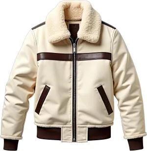 Men’s Cream Sherpa Shearling Sheepskin Leather Biker Jacket – Faux Fur Lined Modern Style Aviator Pilot B3 Bomber Jacket Men