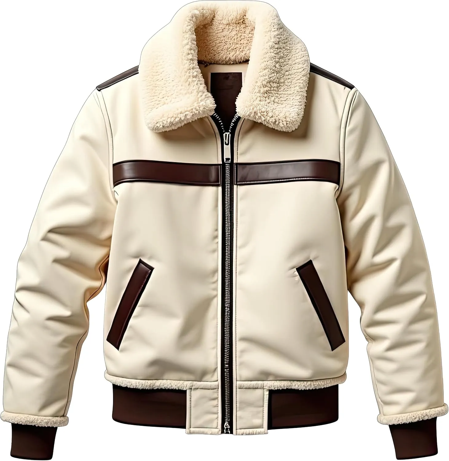 Men’s Cream Sherpa Shearling Sheepskin Leather Biker Jacket – Faux Fur Lined Modern Style Aviator Pilot B3 Bomber Jacket Men
