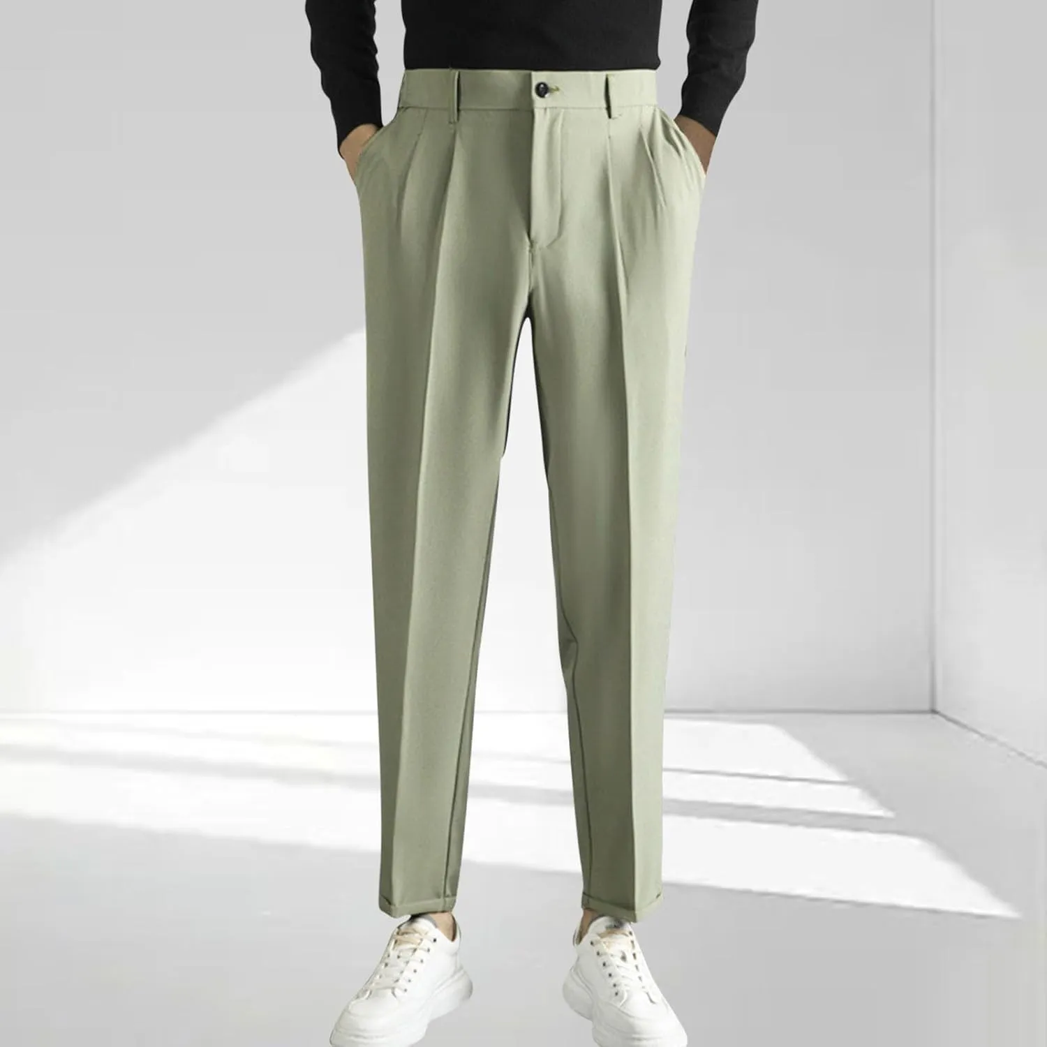 Mens Dress Pants Regular Fit Stretch Classic-Fit Business Casual Suit Straight-Leg Trousers Front-Pleated with Pockets