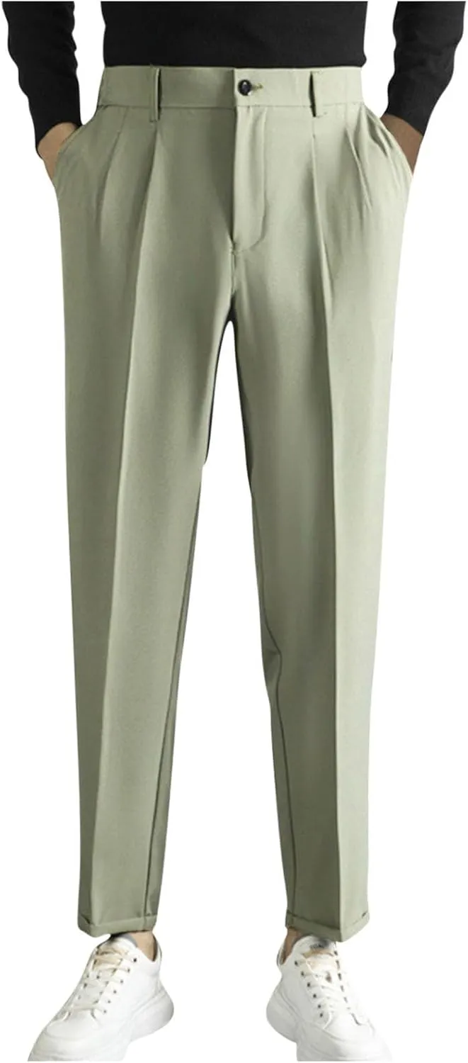 Mens Dress Pants Regular Fit Stretch Classic-Fit Business Casual Suit Straight-Leg Trousers Front-Pleated with Pockets