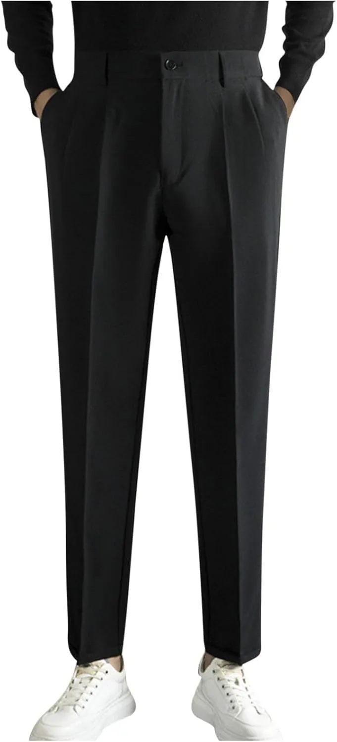 Mens Dress Pants Regular Fit Stretch Classic-Fit Business Casual Suit Straight-Leg Trousers Front-Pleated with Pockets