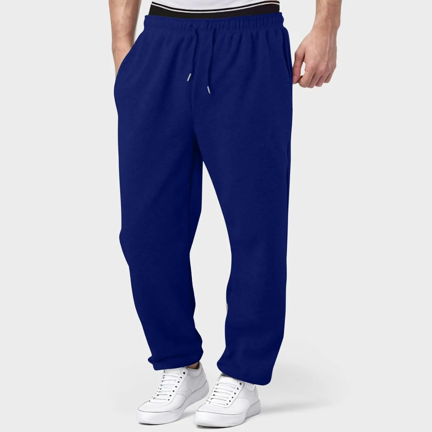 Men's Fleece Lined Sweatpants Wide Free Straight Leg Jogging Pants Workout High Waist Yoga Pants with Pockets