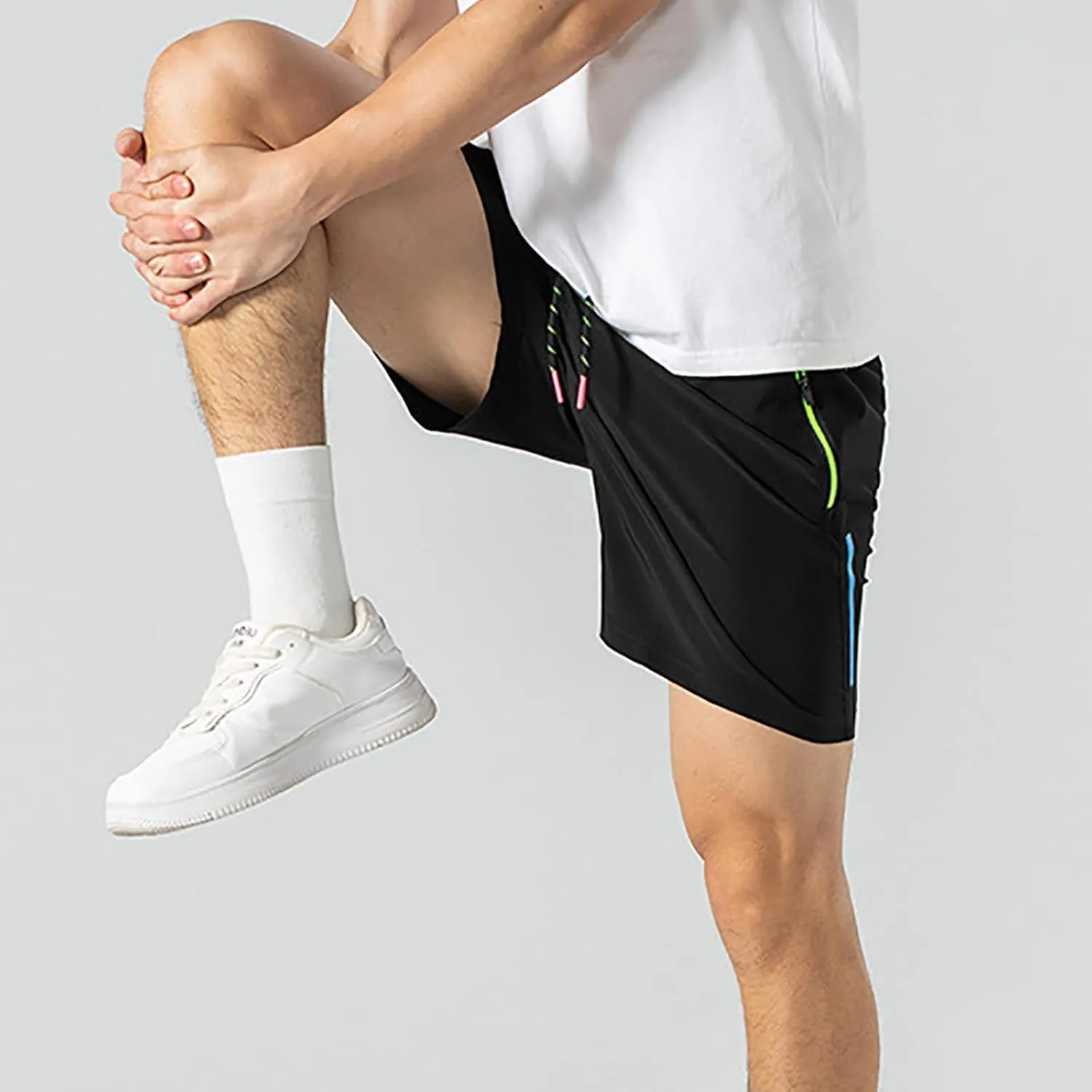 Mens Gym Shorts Quick Dry Breathable Running Shorts Elastic Drawstring Waist Summer Workout Pants with Zipper Pocket