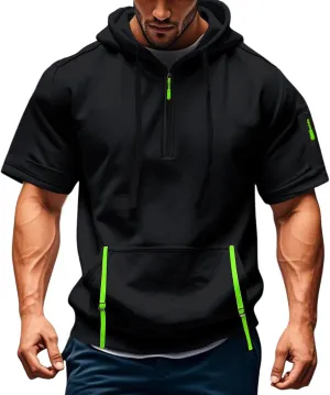 Mens Gym T Shirts Short Sleeve Henley Collar Shirt Casual Tactical Military Sweatshirt Multipockets Cargo Sports T Shirt Summer Zipper Hooded Jacket Black