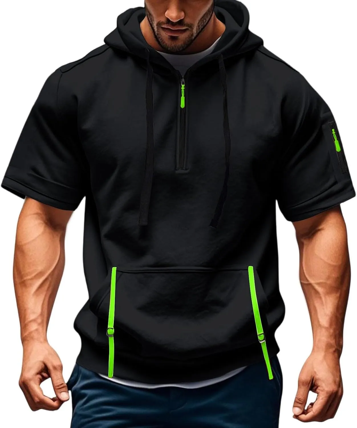 Mens Gym T Shirts Short Sleeve Henley Collar Shirt Casual Tactical Military Sweatshirt Multipockets Cargo Sports T Shirt Summer Zipper Hooded Jacket Black