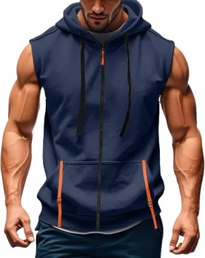 Mens Gym Top Streetwear Full Zip Hoodies Fashion Casual Muscle Fit Hooded Jacket for Basketball Workout Outdoor Cargo Vest Sweatshirt with Kangaroos Pockets
