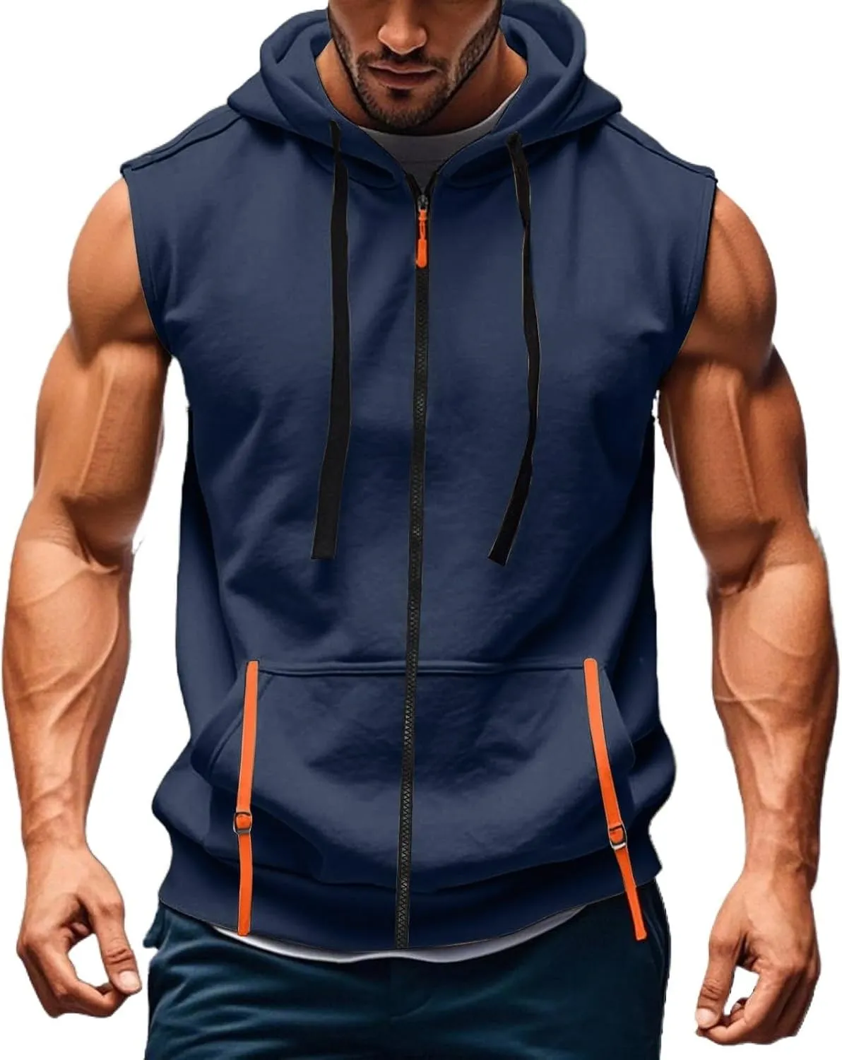 Mens Gym Top Streetwear Full Zip Hoodies Fashion Casual Muscle Fit Hooded Jacket for Basketball Workout Outdoor Cargo Vest Sweatshirt with Kangaroos Pockets