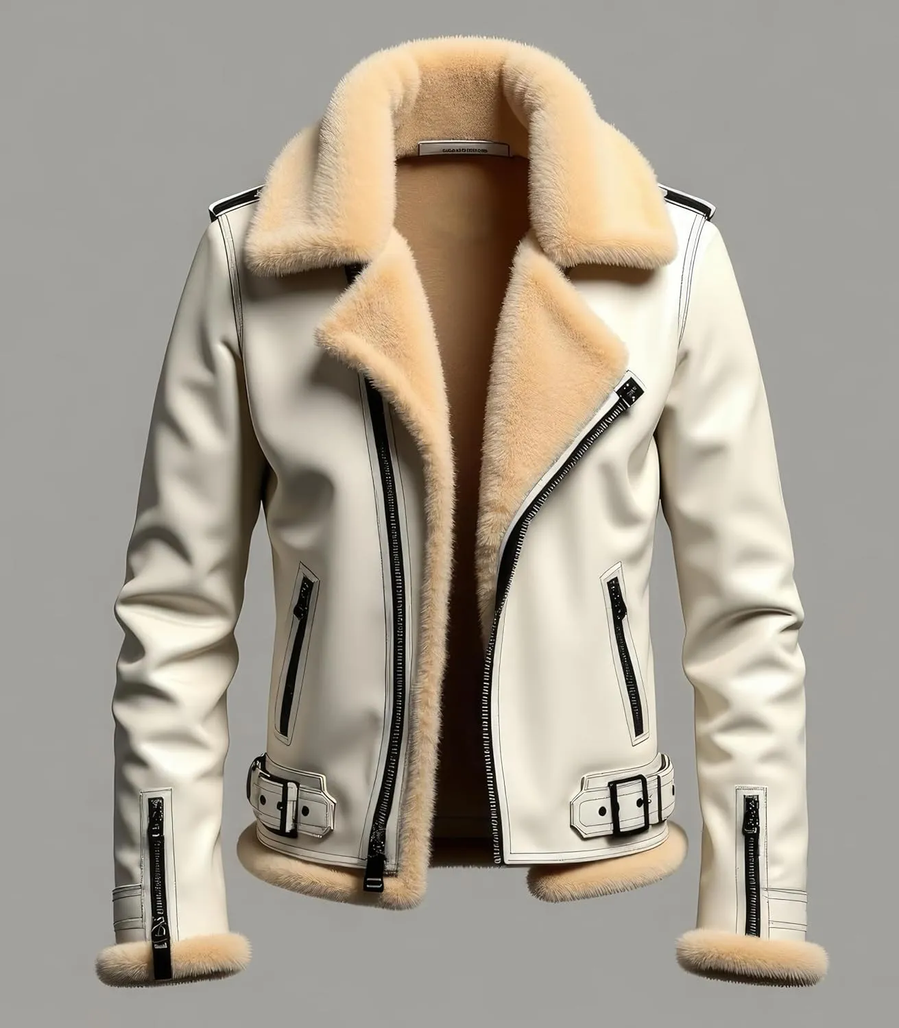 Men’s Ivory Sherpa Shearling Sheepskin Leather Biker Jacket – Faux Fur Lined Bold Style Aviator Pilot B3 Bomber Jacket Men