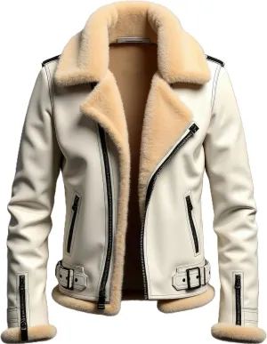 Men’s Ivory Sherpa Shearling Sheepskin Leather Biker Jacket – Faux Fur Lined Bold Style Aviator Pilot B3 Bomber Jacket Men