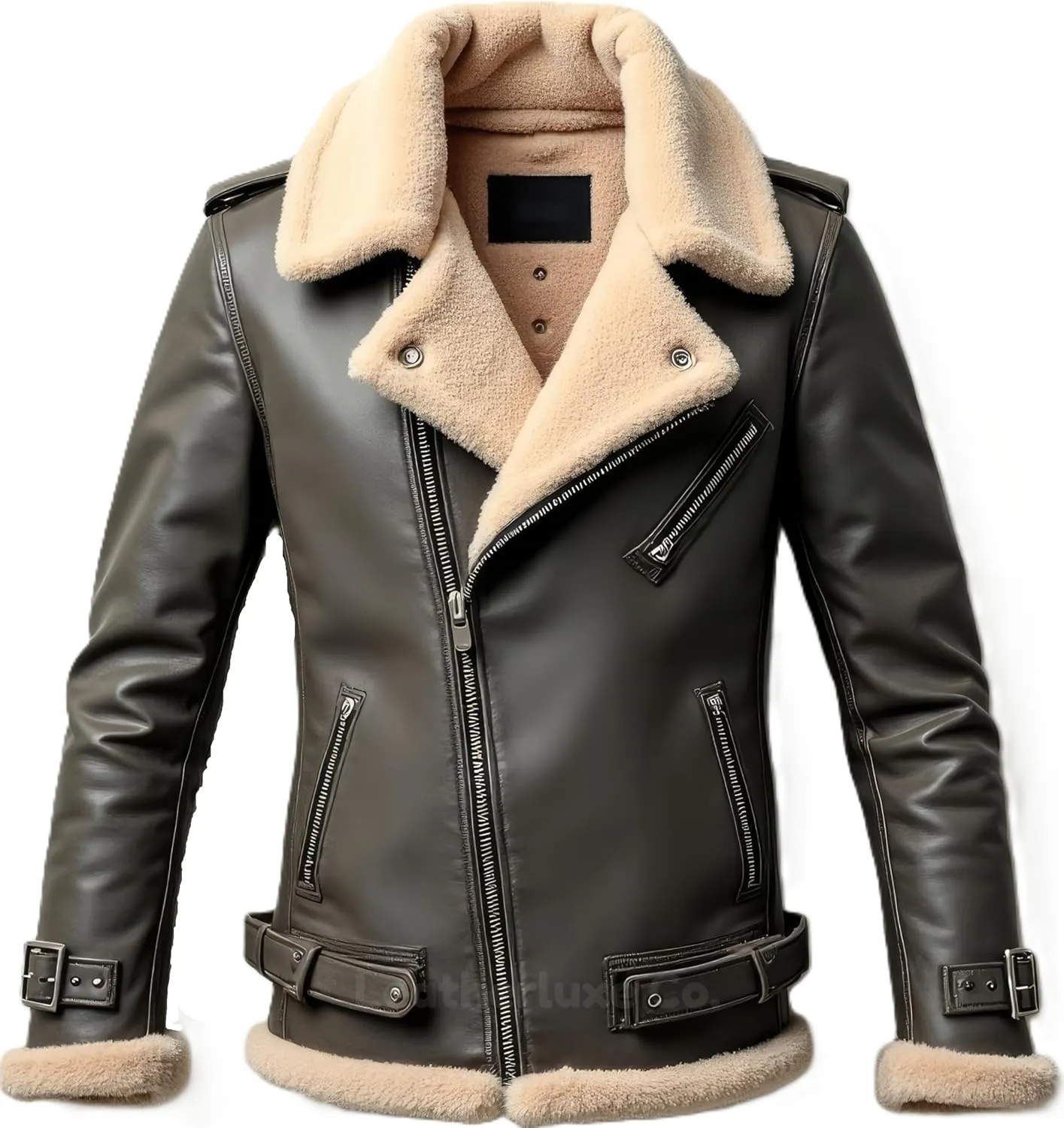 Men’s Olive Sherpa Shearling Sheepskin Leather Biker Jacket – Faux Fur Lined Bold Style Aviator Pilot B3 Bomber Jacket Men
