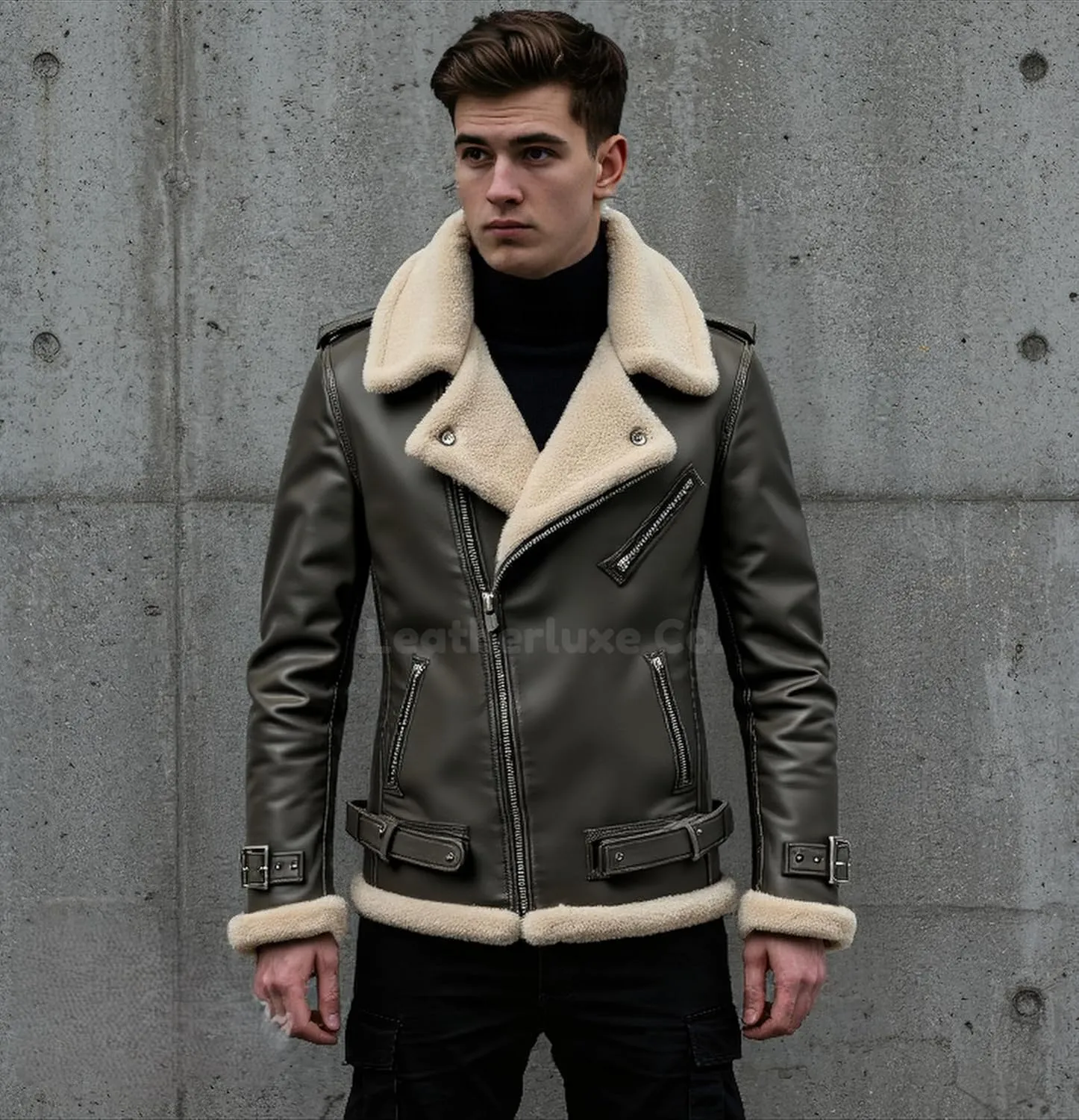 Men’s Olive Sherpa Shearling Sheepskin Leather Biker Jacket – Faux Fur Lined Bold Style Aviator Pilot B3 Bomber Jacket Men