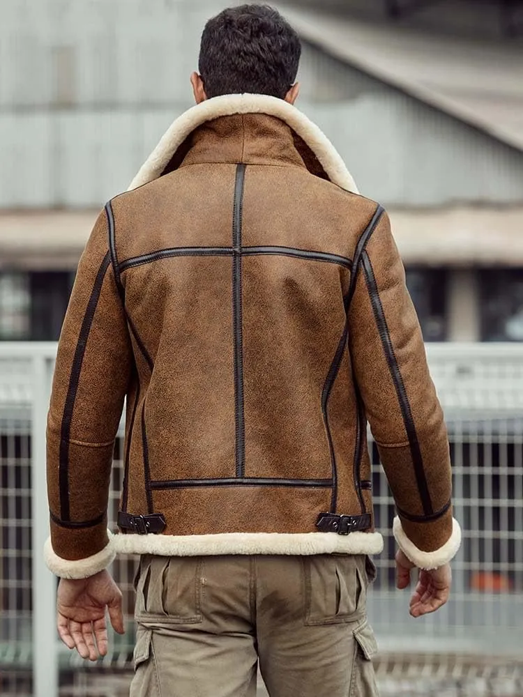 Men’s Shearling Sherpa B3 RAF Leather Jacket Genuine Sheepskin Aviator Bomber Fleece-Lined Flight Jacket with Fur Collar