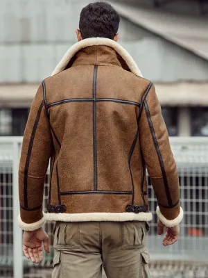 Men’s Shearling Sherpa B3 RAF Leather Jacket Genuine Sheepskin Aviator Bomber Fleece-Lined Flight Jacket with Fur Collar