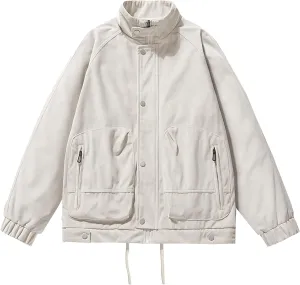 Men's Solid Color Flight Bomber Jacket Stand Collar Cotton Cargo Jacket with Pocket Casual Loose Padded Coats