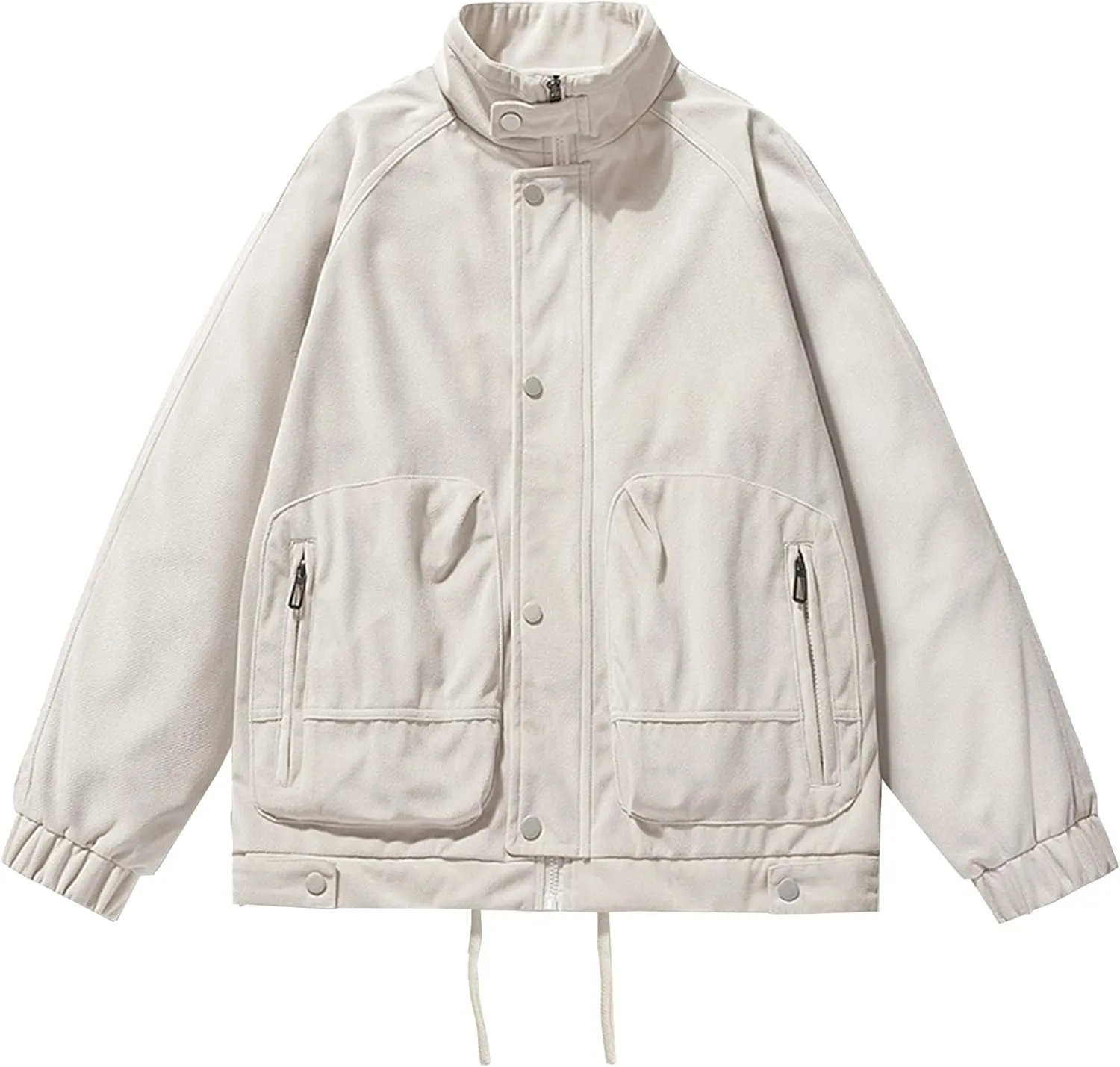 Men's Solid Color Flight Bomber Jacket Stand Collar Cotton Cargo Jacket with Pocket Casual Loose Padded Coats