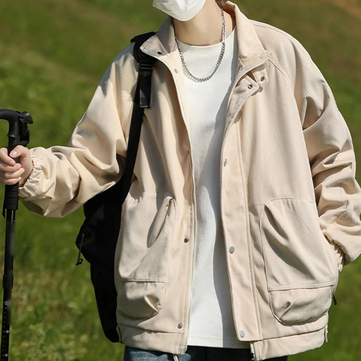 Men's Solid Color Flight Bomber Jacket Stand Collar Cotton Cargo Jacket with Pocket Casual Loose Padded Coats