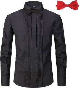 Men's Tuxedo Dress Shirt Wing Collar Front Pleat French Cuffs with 2 Bow Ties Button Down Shirts