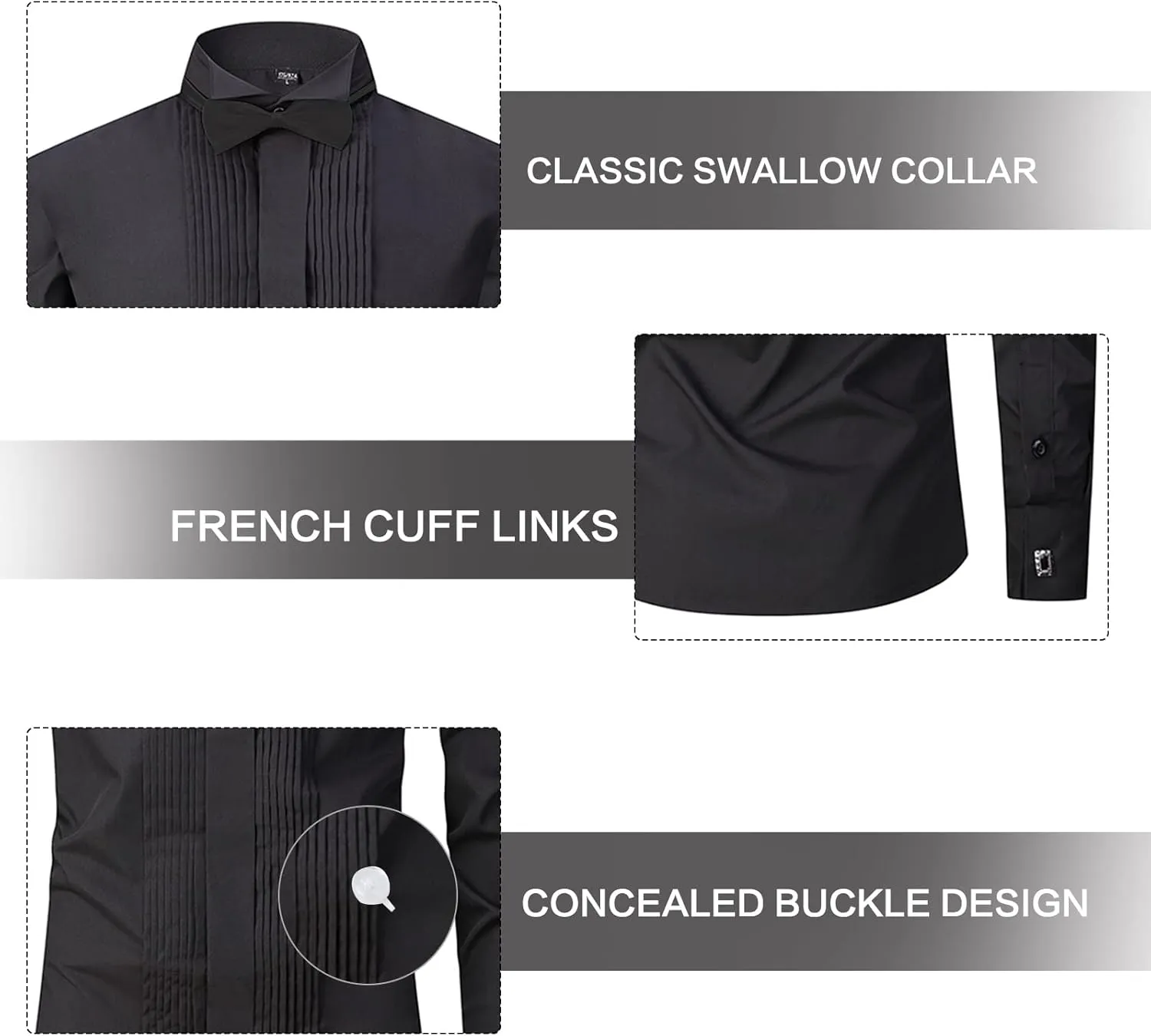 Men's Tuxedo Dress Shirt Wing Collar Front Pleat French Cuffs with 2 Bow Ties Button Down Shirts