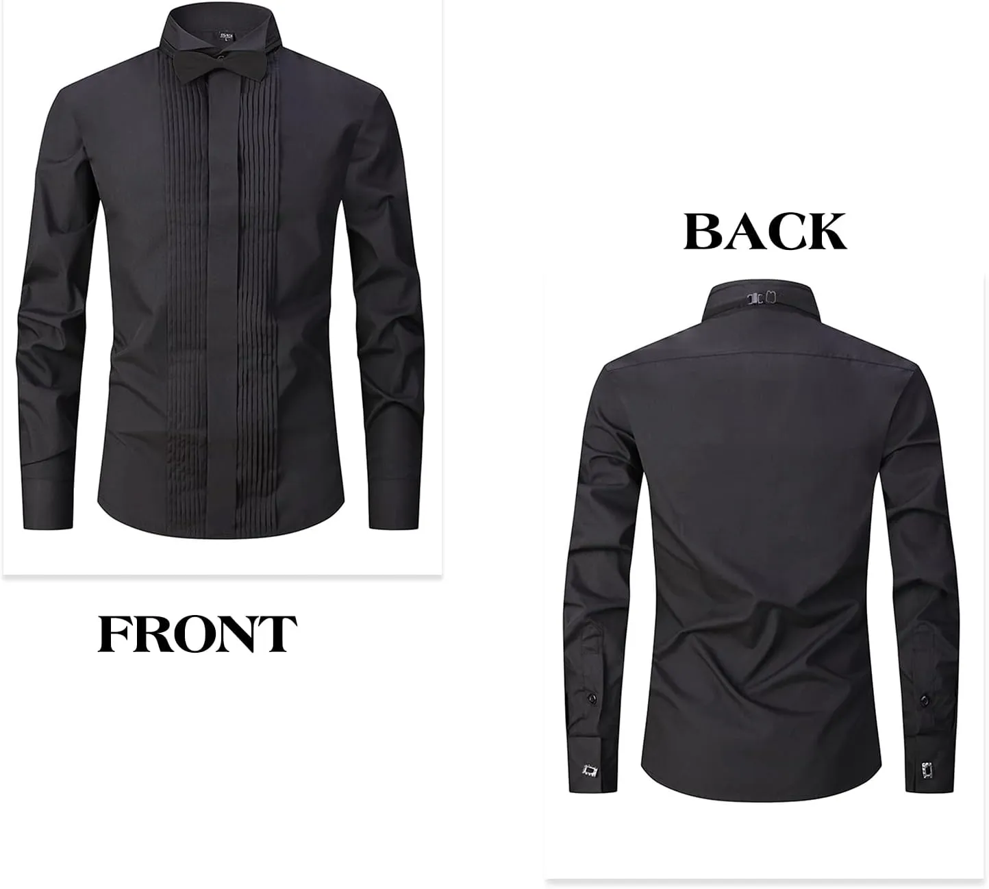 Men's Tuxedo Dress Shirt Wing Collar Front Pleat French Cuffs with 2 Bow Ties Button Down Shirts