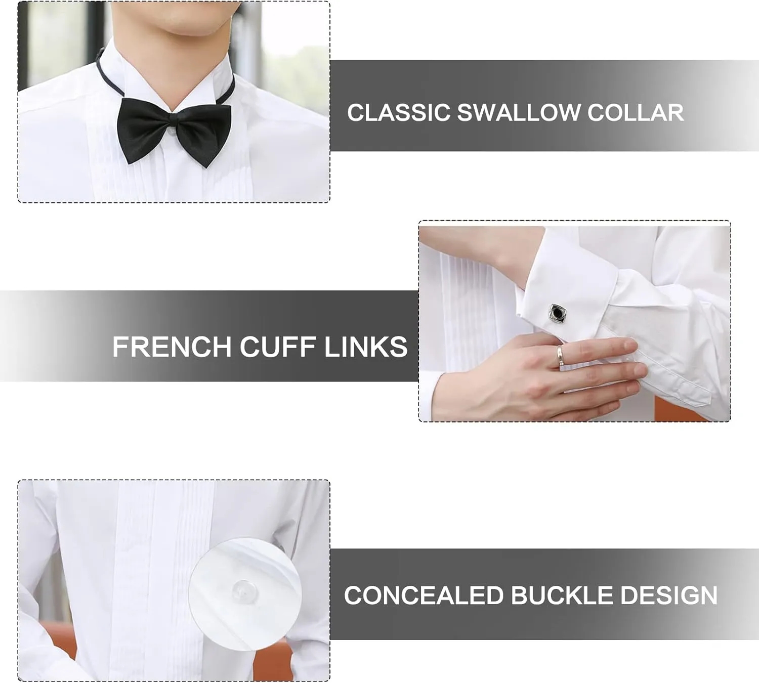 Men's Tuxedo Dress Shirt Wing Collar Front Pleat French Cuffs with 2 Bow Ties Button Down Shirts