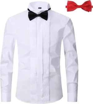 Men's Tuxedo Dress Shirt Wing Collar Front Pleat French Cuffs with 2 Bow Ties Button Down Shirts