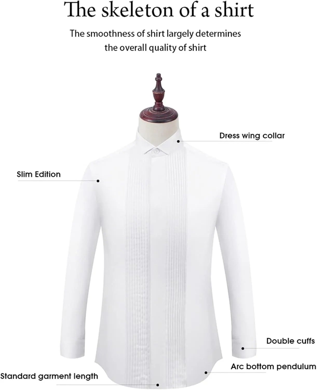 Men's Tuxedo Dress Shirt Wing Collar Front Pleat French Cuffs with 2 Bow Ties Button Down Shirts