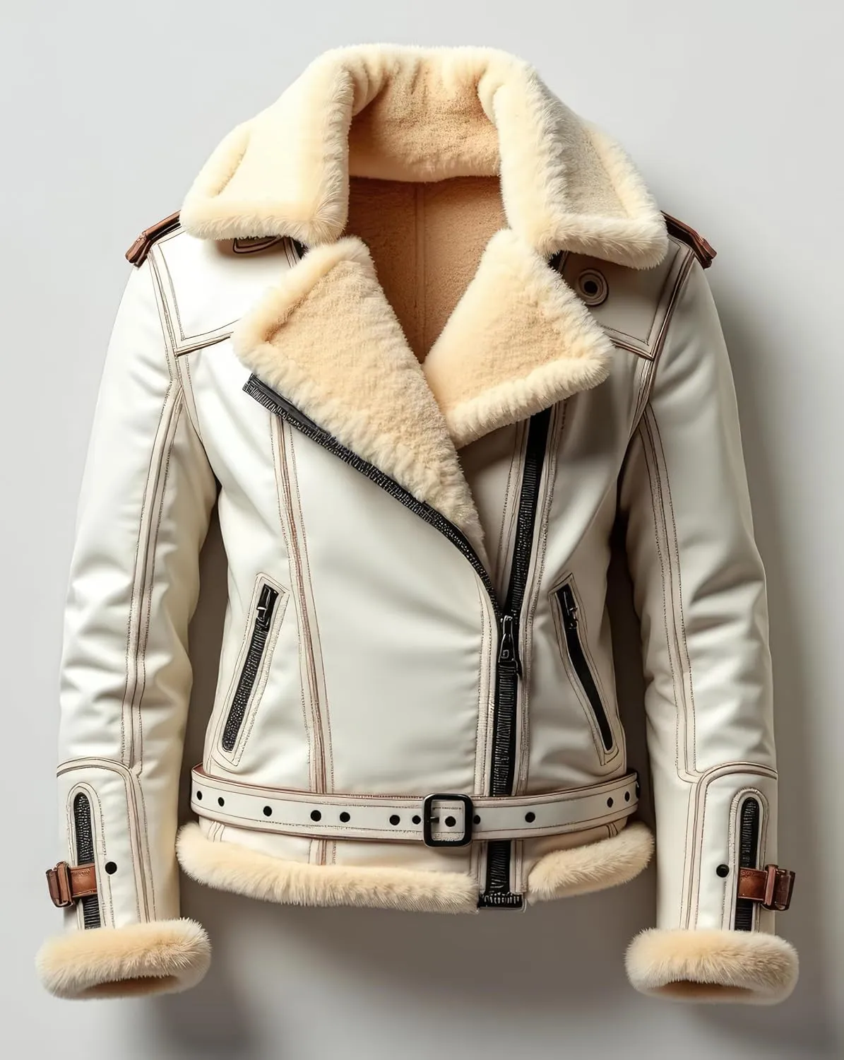 Men’s white Sherpa Shearling Sheepskin Leather Biker Jacket – Faux Fur Lined Bold Style Aviator Pilot B3 Bomber Jacket Men