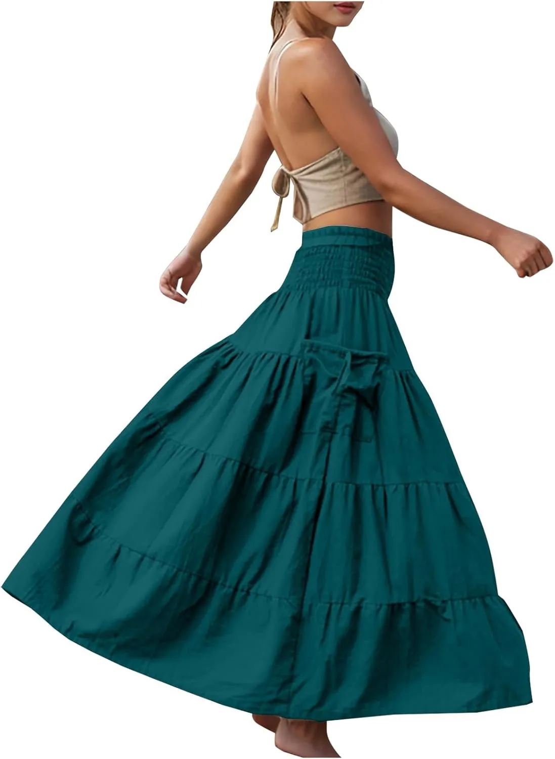 Midi Skirts for Women Pleated Tiered Long Flowy Skirt Elastic Waist Summer Boho Casual Loose Layered Ruffle Skirt