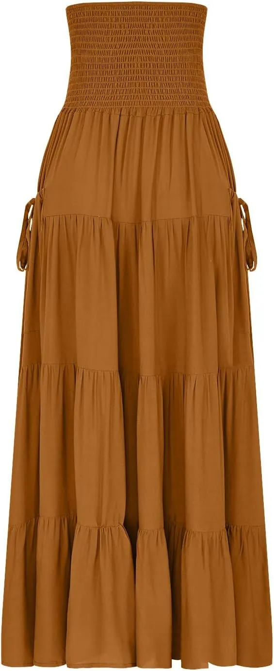 Midi Skirts for Women Pleated Tiered Long Flowy Skirt Elastic Waist Summer Boho Casual Loose Layered Ruffle Skirt