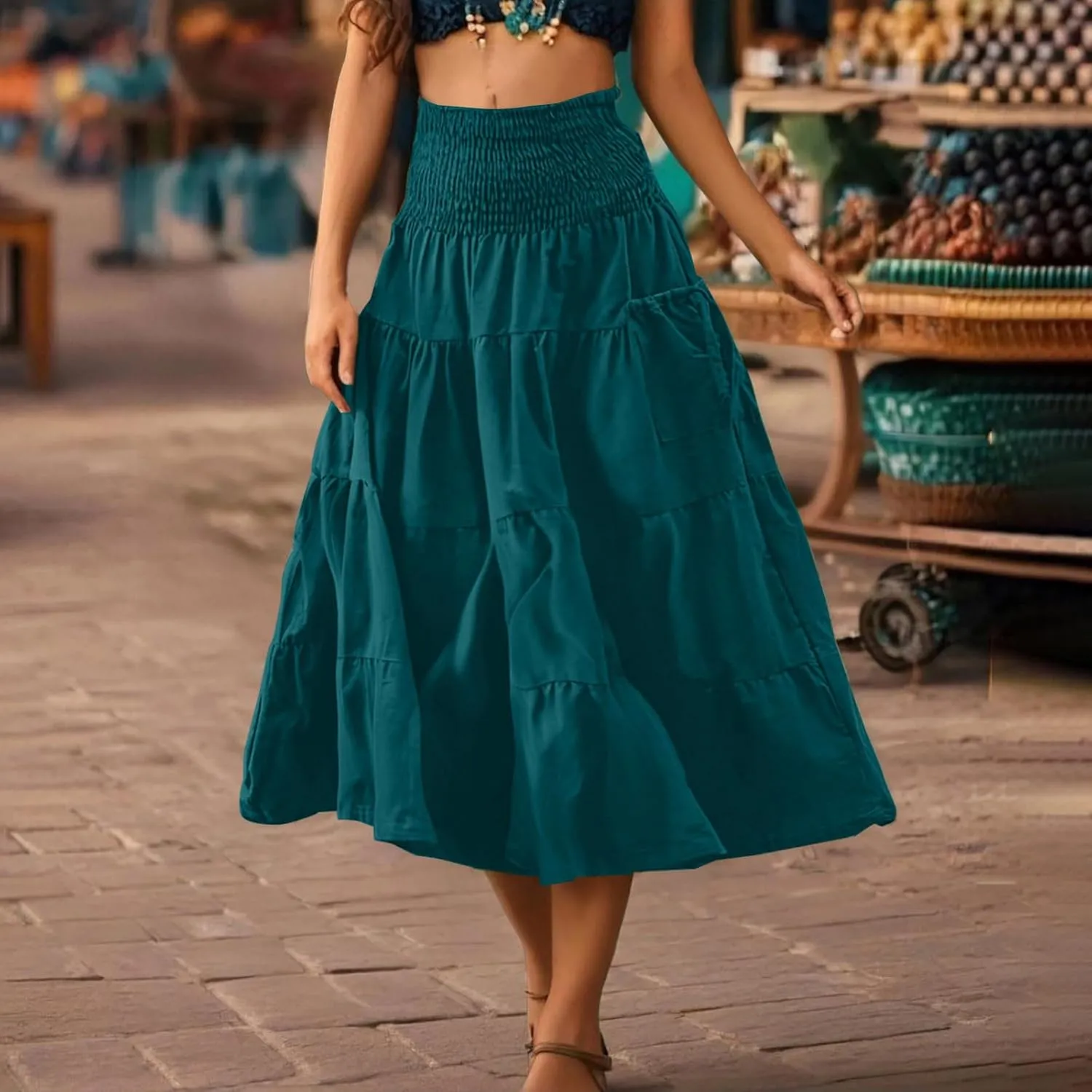Midi Skirts for Women Pleated Tiered Long Flowy Skirt Elastic Waist Summer Boho Casual Loose Layered Ruffle Skirt