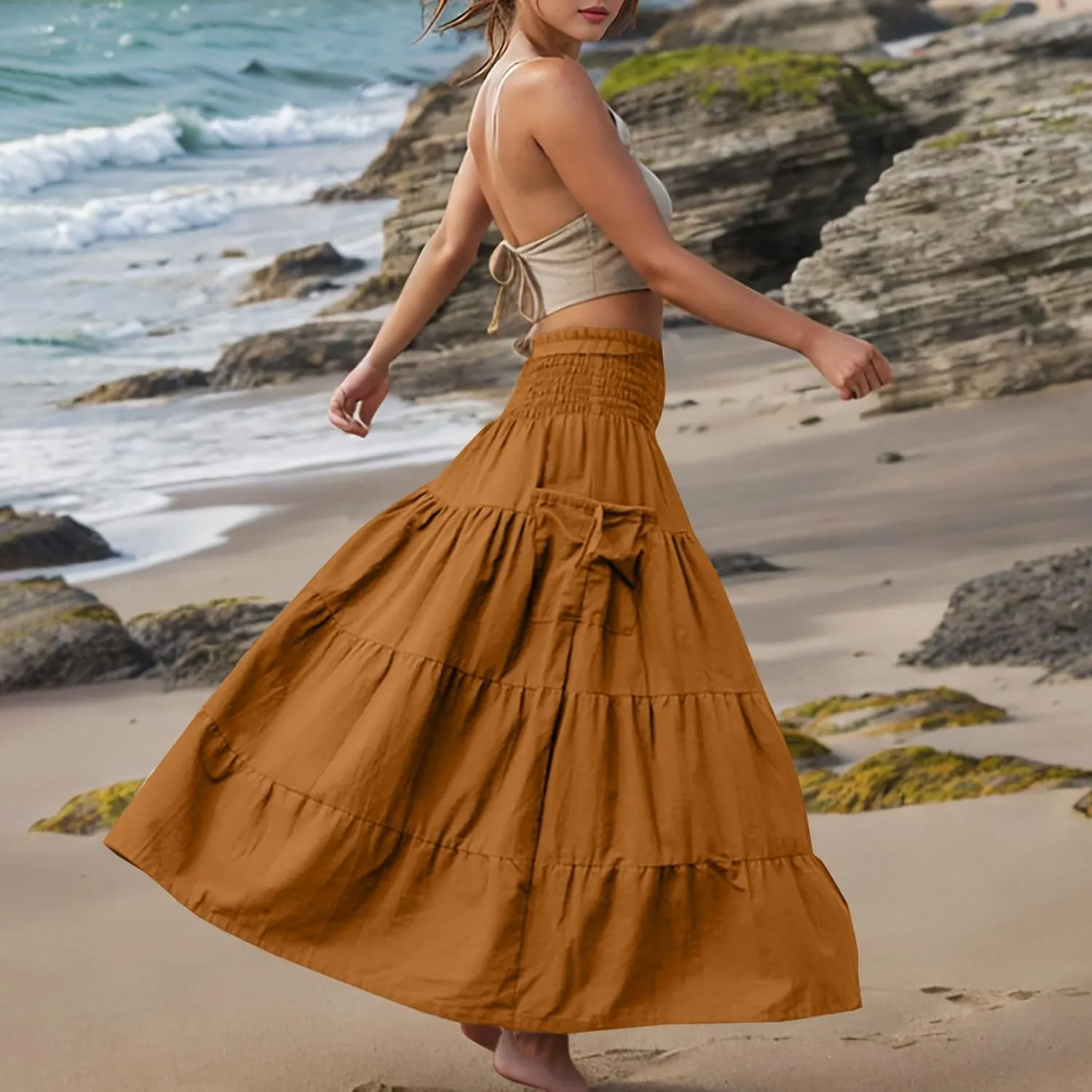 Midi Skirts for Women Pleated Tiered Long Flowy Skirt Elastic Waist Summer Boho Casual Loose Layered Ruffle Skirt