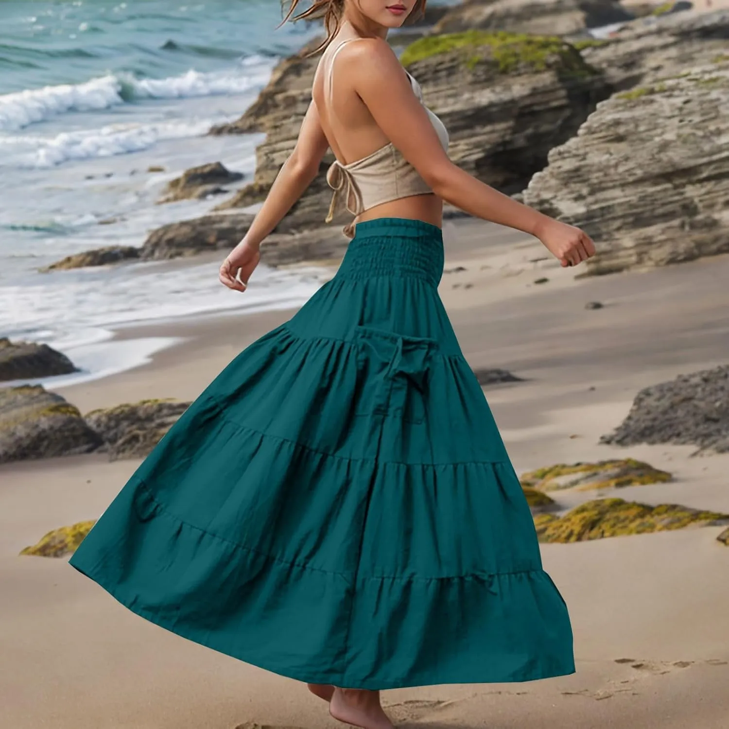 Midi Skirts for Women Pleated Tiered Long Flowy Skirt Elastic Waist Summer Boho Casual Loose Layered Ruffle Skirt