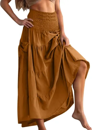 Midi Skirts for Women Pleated Tiered Long Flowy Skirt Elastic Waist Summer Boho Casual Loose Layered Ruffle Skirt