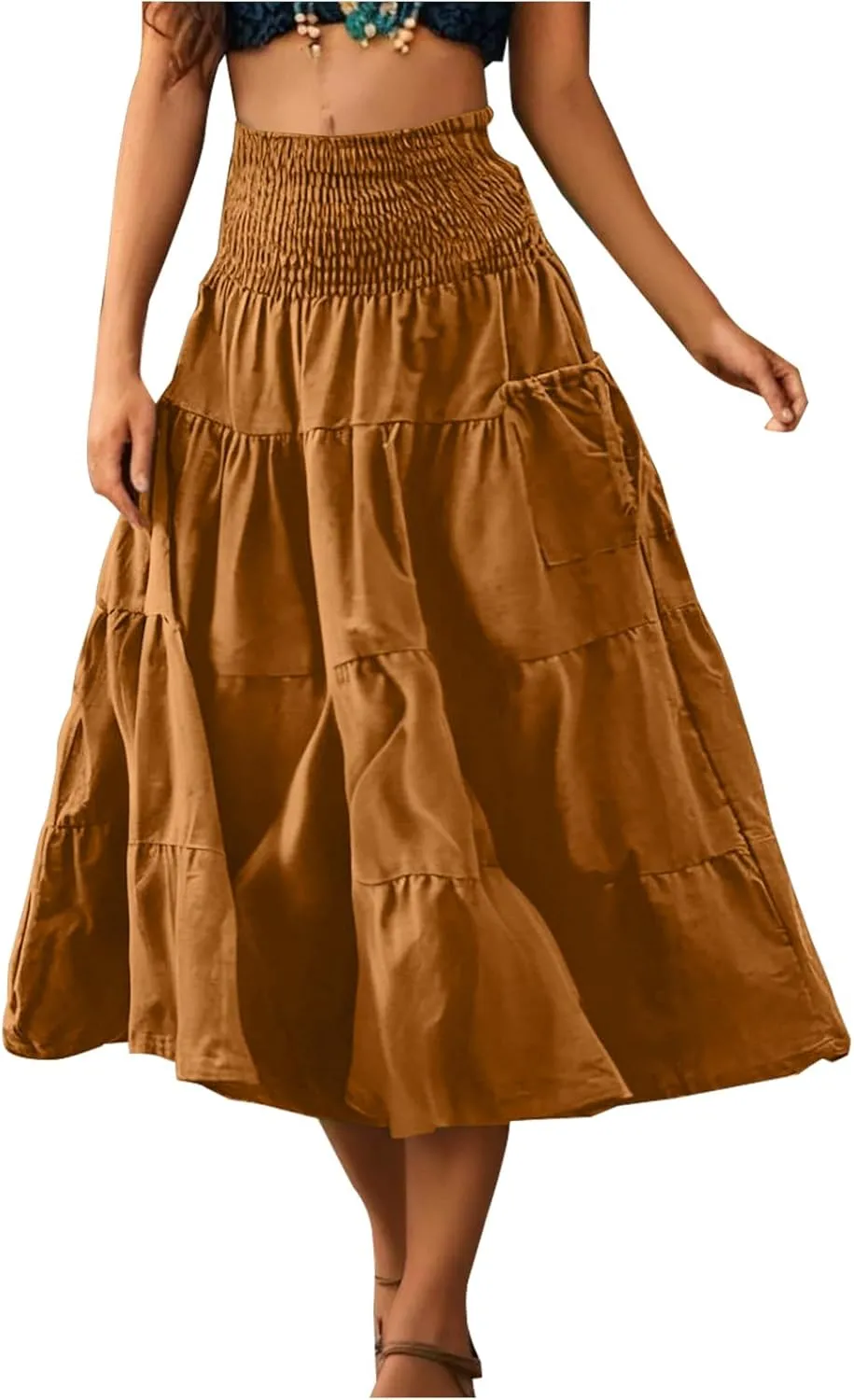 Midi Skirts for Women Pleated Tiered Long Flowy Skirt Elastic Waist Summer Boho Casual Loose Layered Ruffle Skirt