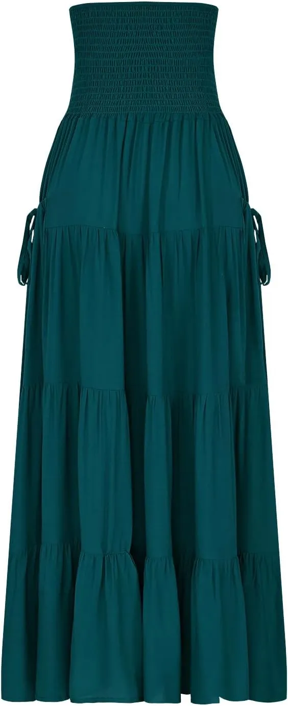 Midi Skirts for Women Pleated Tiered Long Flowy Skirt Elastic Waist Summer Boho Casual Loose Layered Ruffle Skirt
