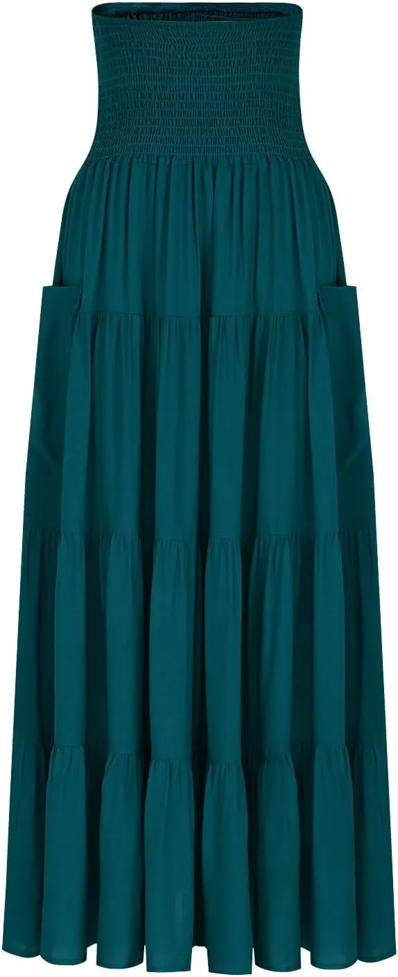 Midi Skirts for Women Pleated Tiered Long Flowy Skirt Elastic Waist Summer Boho Casual Loose Layered Ruffle Skirt