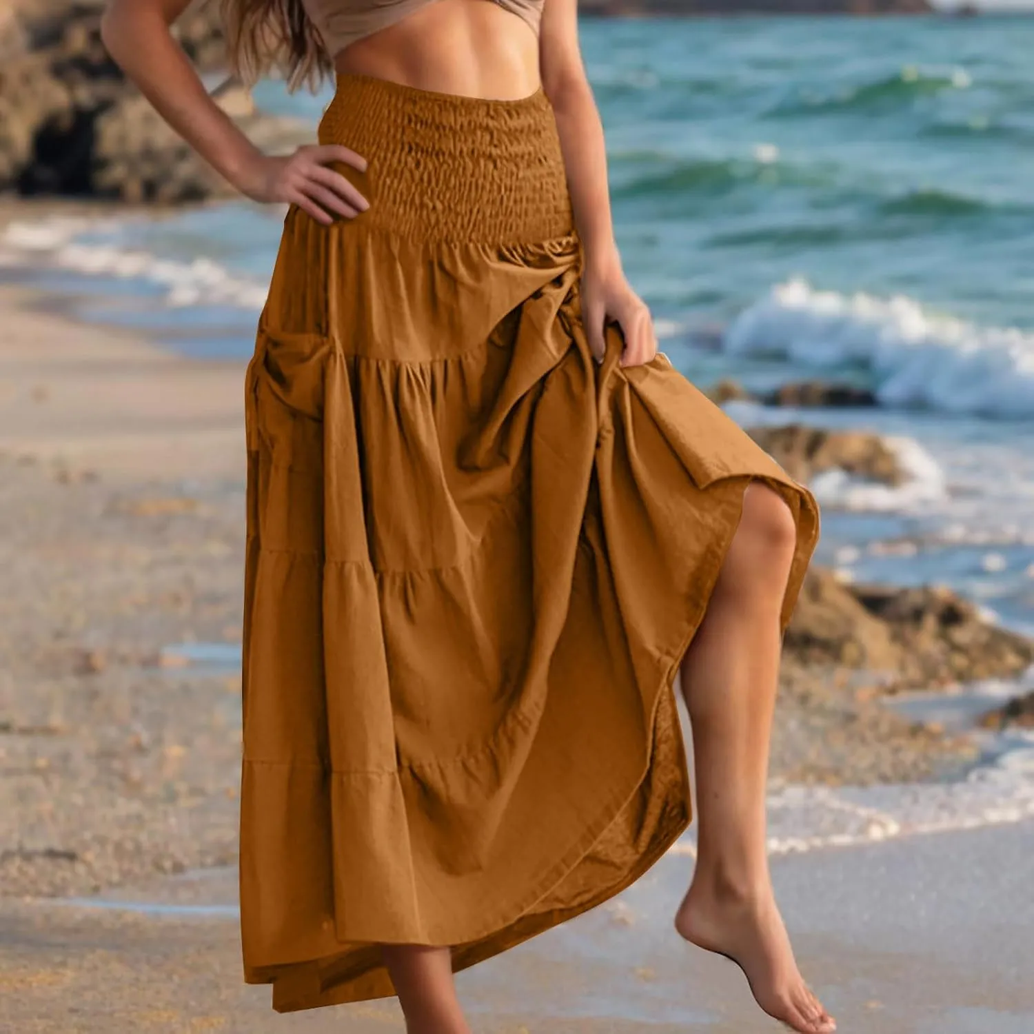 Midi Skirts for Women Pleated Tiered Long Flowy Skirt Elastic Waist Summer Boho Casual Loose Layered Ruffle Skirt