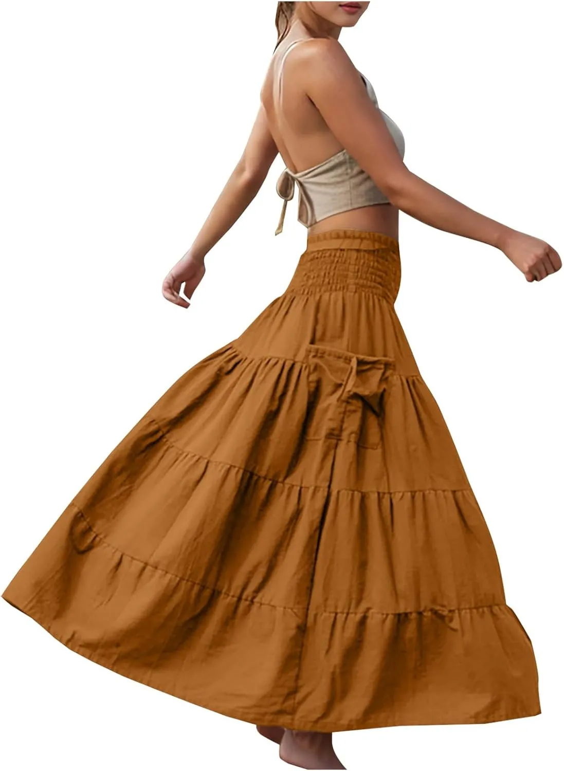 Midi Skirts for Women Pleated Tiered Long Flowy Skirt Elastic Waist Summer Boho Casual Loose Layered Ruffle Skirt