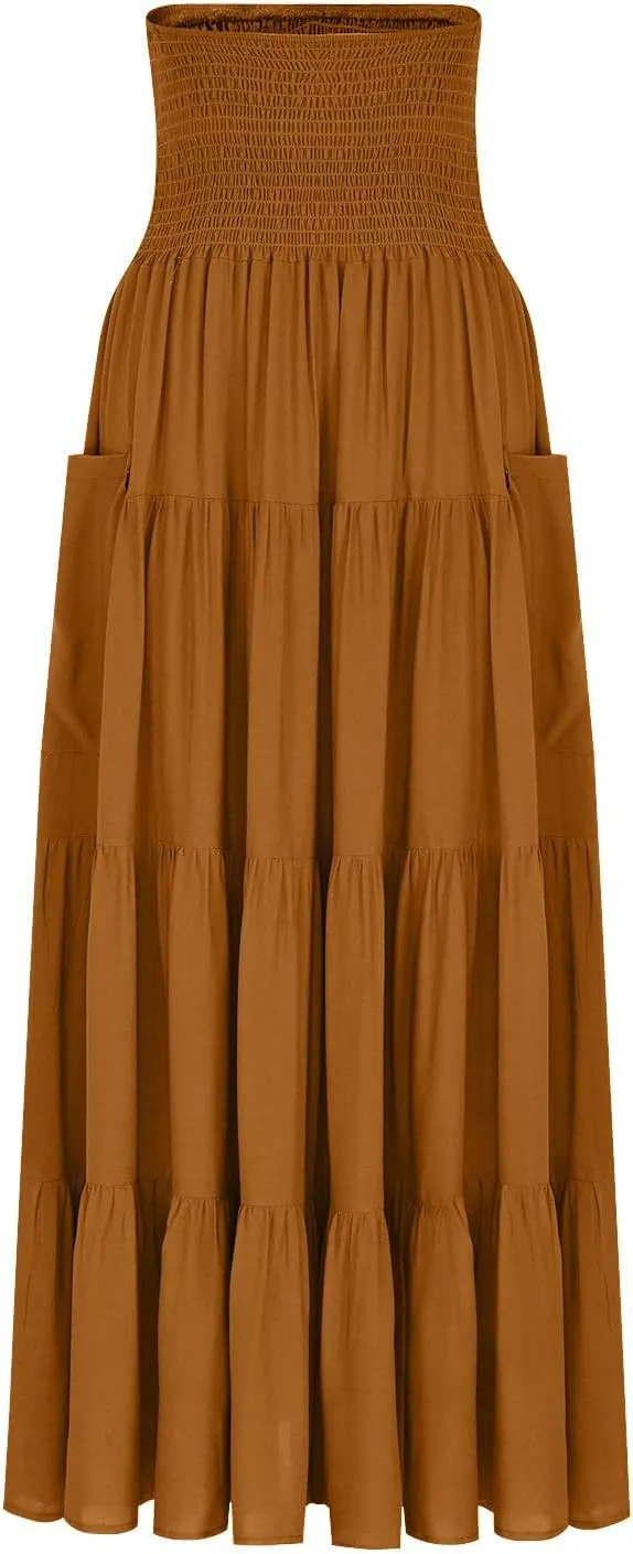 Midi Skirts for Women Pleated Tiered Long Flowy Skirt Elastic Waist Summer Boho Casual Loose Layered Ruffle Skirt