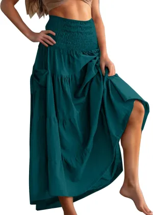 Midi Skirts for Women Pleated Tiered Long Flowy Skirt Elastic Waist Summer Boho Casual Loose Layered Ruffle Skirt