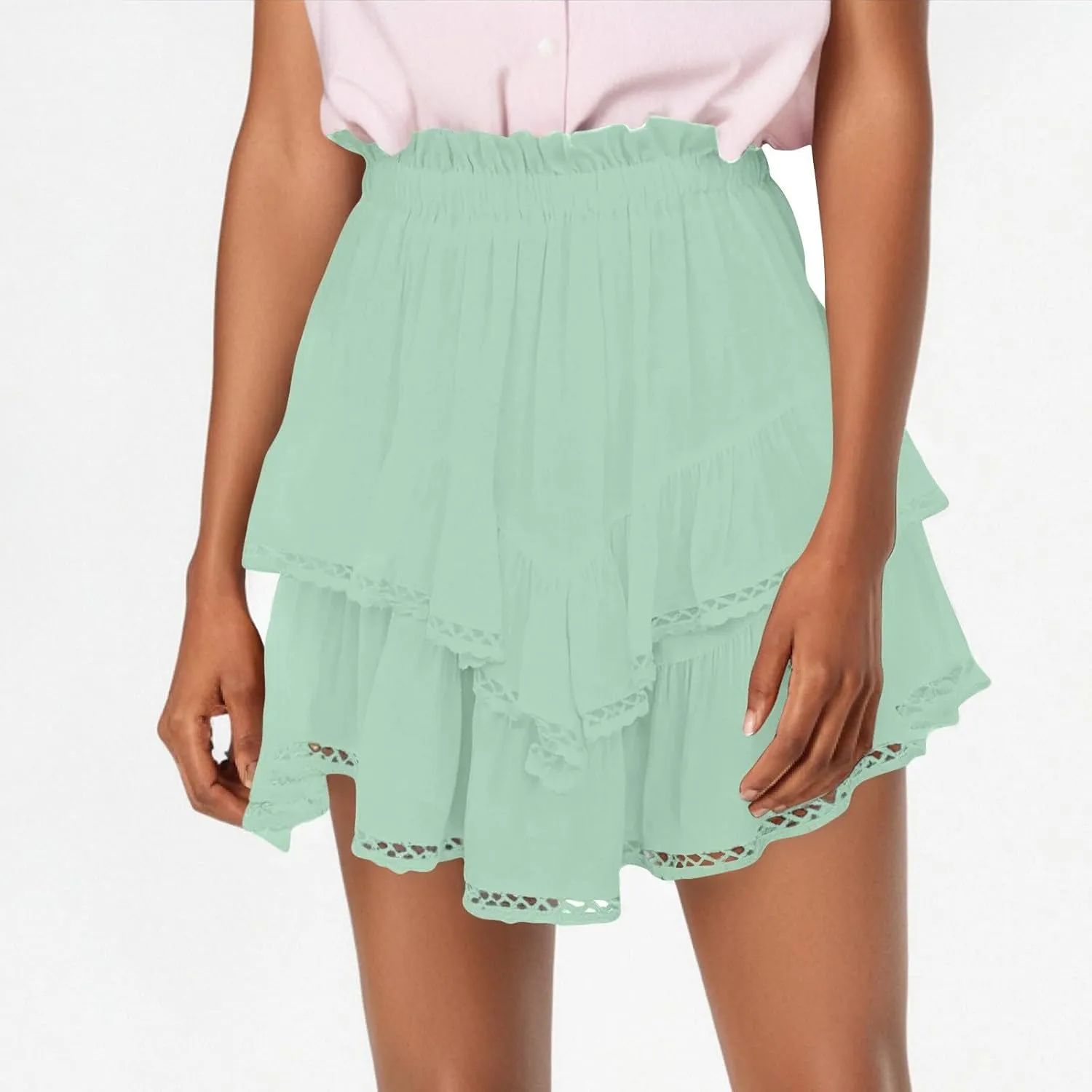 Mini Skirts for Women Summer Casual Boho Flowy High Waist Skirt Fashion Layered Ruffle Hem Beach Mini Short