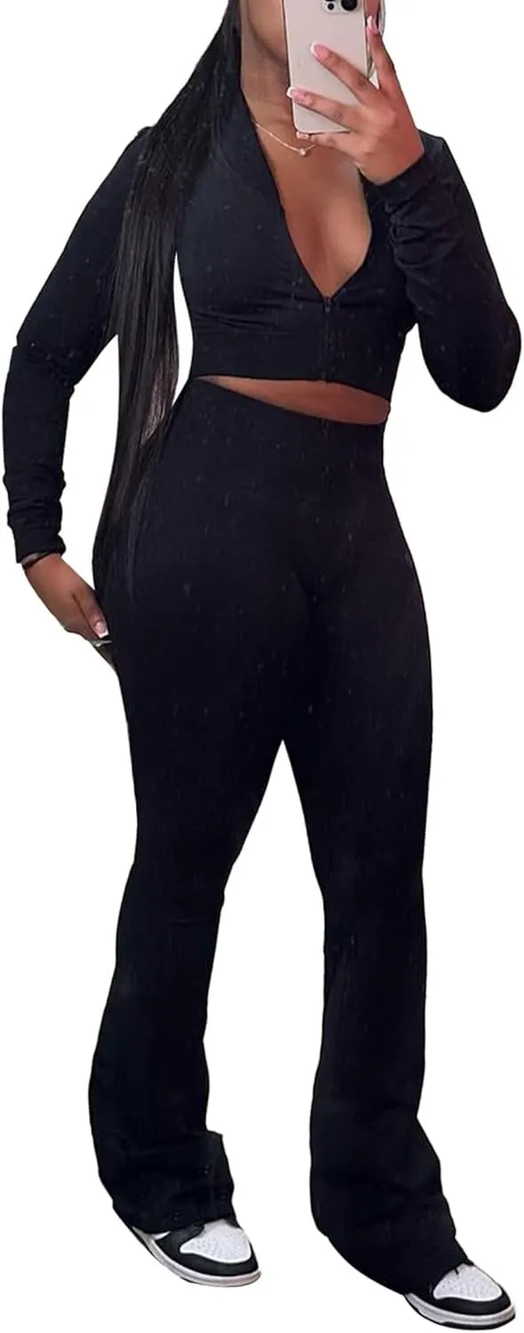 Mintsnow Women 3 Piece Sweatsuit Outfits Sets Long Sleeve Zipper Jacket Crop Tops and Long Flare Pants Set Workout Tracksuit
