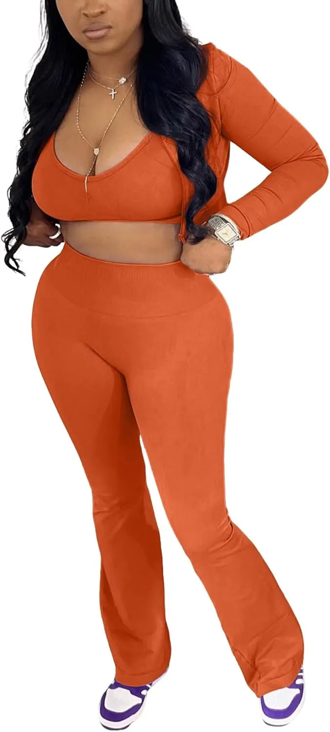Mintsnow Women 3 Piece Sweatsuit Outfits Sets Long Sleeve Zipper Jacket Crop Tops and Long Flare Pants Set Workout Tracksuit