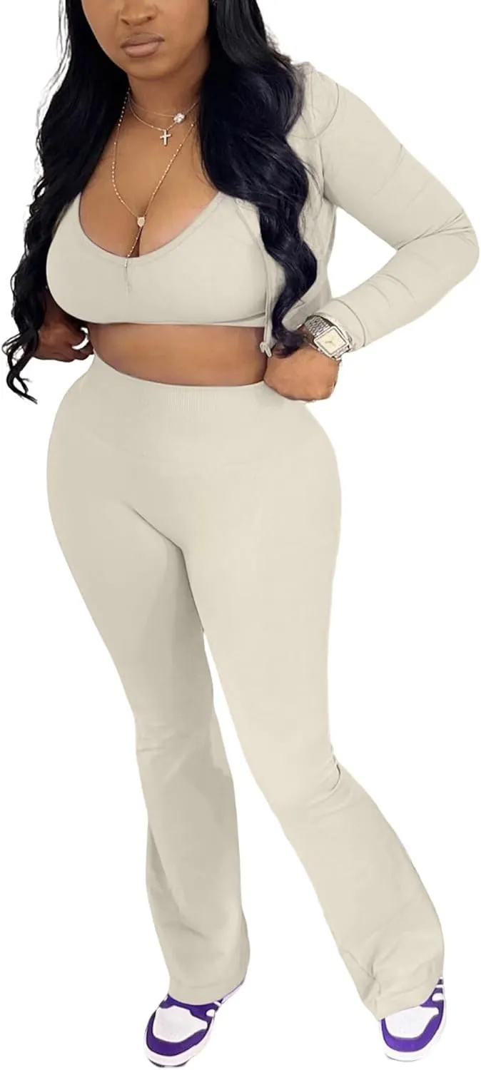 Mintsnow Women 3 Piece Sweatsuit Outfits Sets Long Sleeve Zipper Jacket Crop Tops and Long Flare Pants Set Workout Tracksuit