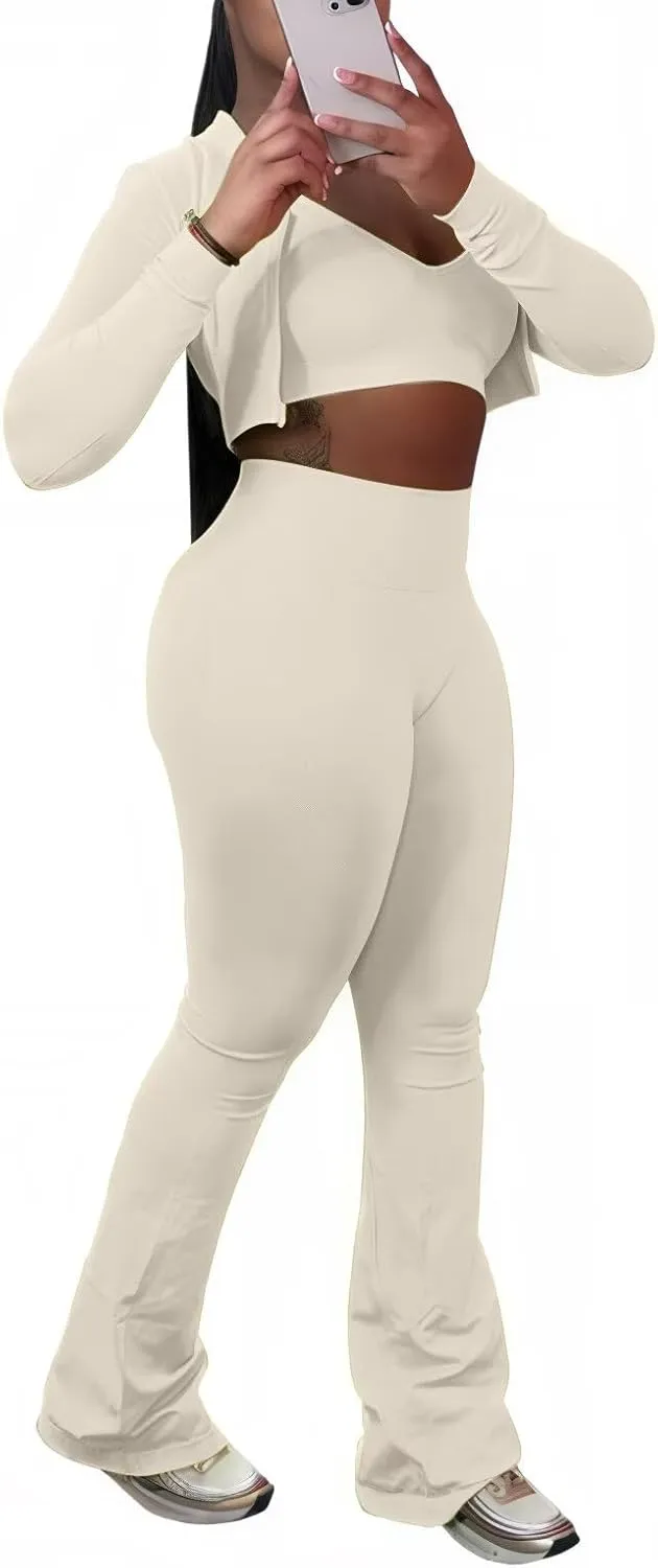 Mintsnow Women 3 Piece Sweatsuit Outfits Sets Long Sleeve Zipper Jacket Crop Tops and Long Flare Pants Set Workout Tracksuit