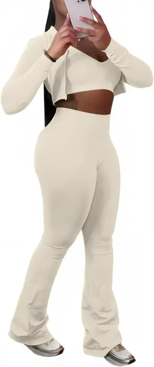Mintsnow Women 3 Piece Sweatsuit Outfits Sets Long Sleeve Zipper Jacket Crop Tops and Long Flare Pants Set Workout Tracksuit
